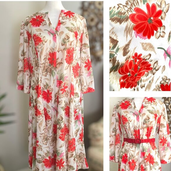 Vintage 70s Handmade Floral Kaftan Tunic Dress With Red & Brown Flowers - Picture 1 of 11